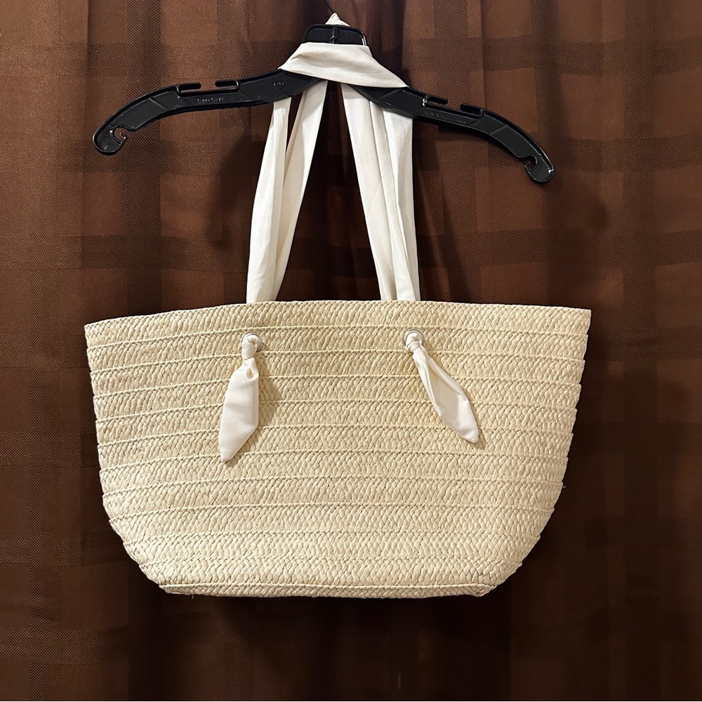 Neiman Marcus Straw Tote with Satin Fabric Handle Vacation Beach Bag